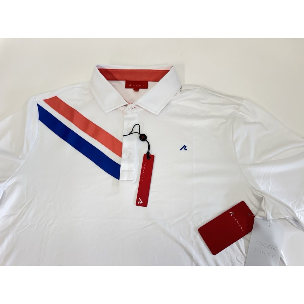 NWT REDVANLY Westin Polo Shirt White Striped Golf Tennis Polo Shirt LARGE $110